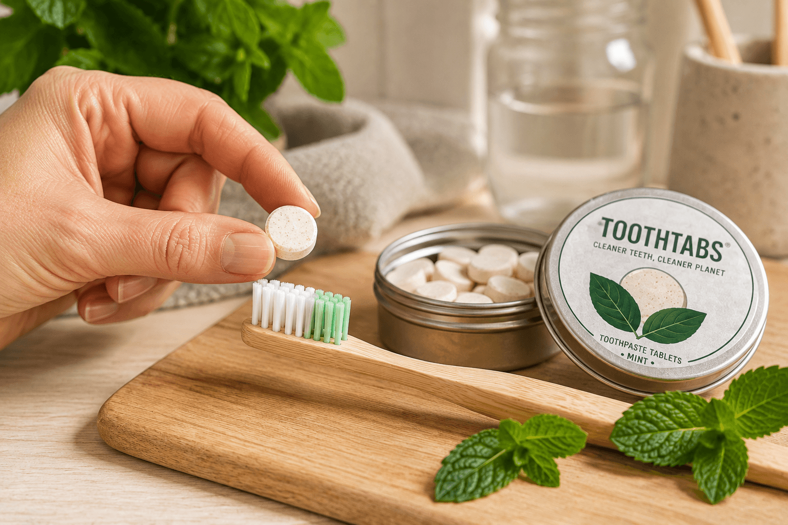 Using a Toothtabs toothpaste tablet with a green toothbrush