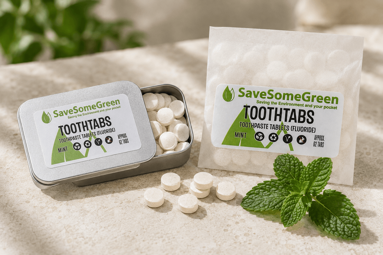 Reusable Toothtabs tin with glassine toothpaste tablet refill