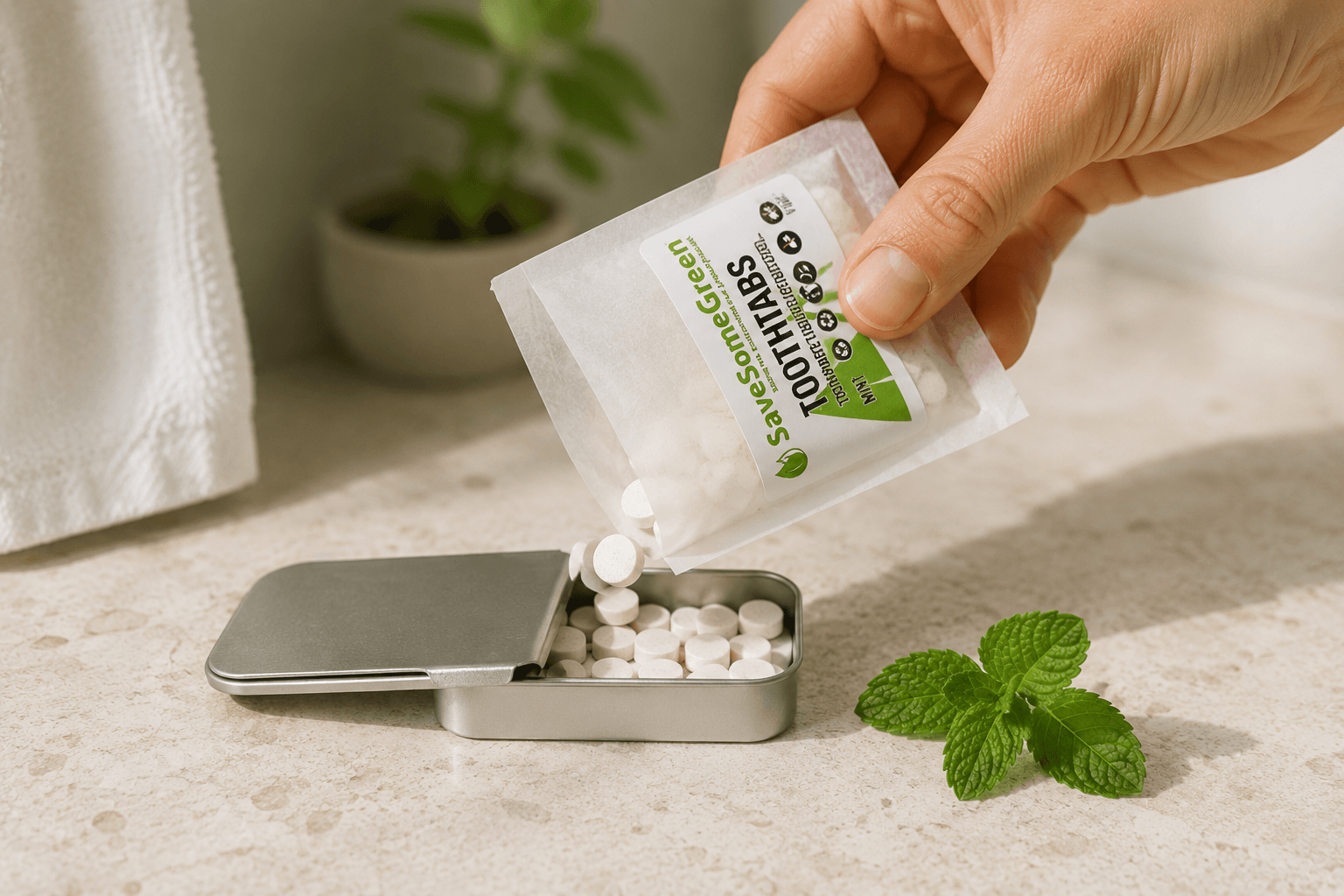 Toothpaste tablets being refilled into a reusable Toothtabs tin