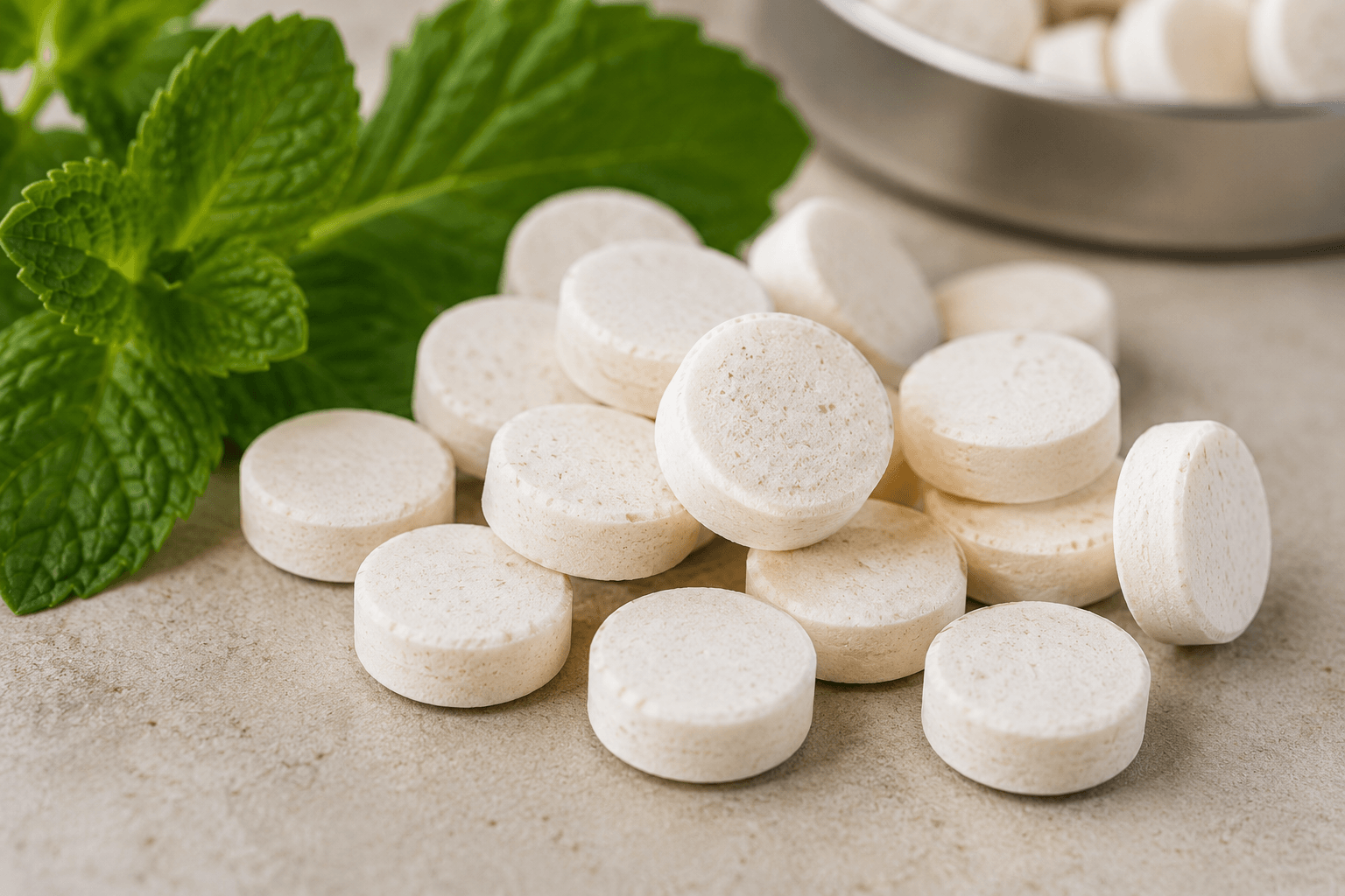 Close-up of dry toothpaste tablets showing their size and texture